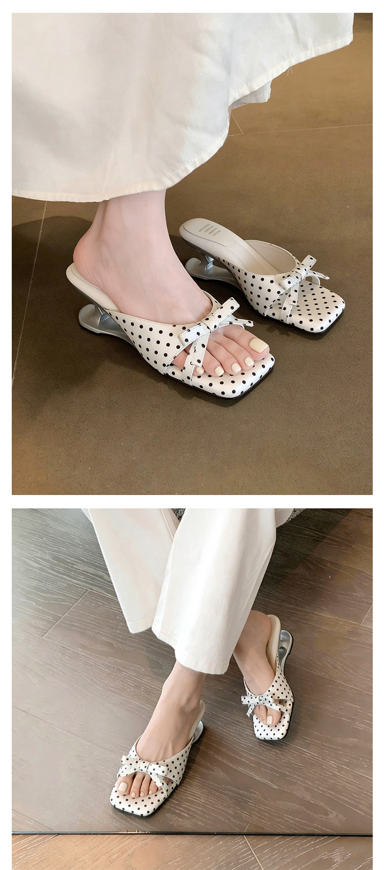 Sandal cao gót nữ mũi vuông hở ngón, đế xuồng chấm bi nơ bướm, gót 6 cm — màu đen, màu trắng ngà, màu mơ chi tiết 27