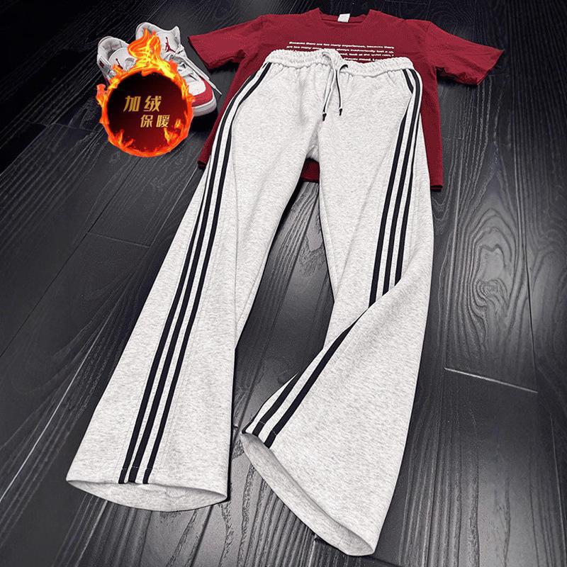 American-Style Three-Stripe Casual Curved Pants for Men, Autumn and Winter Fleece-Lined Trendy Brand Loose Sports Sweatpants, Straight-Leg Flared Pants