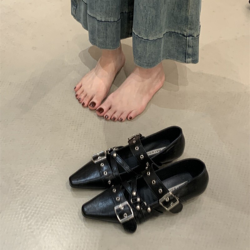 粗跟法式朋克芭蕾风黑色方头单鞋女2025春秋新铆钉皮带扣玛丽珍鞋|undefined
