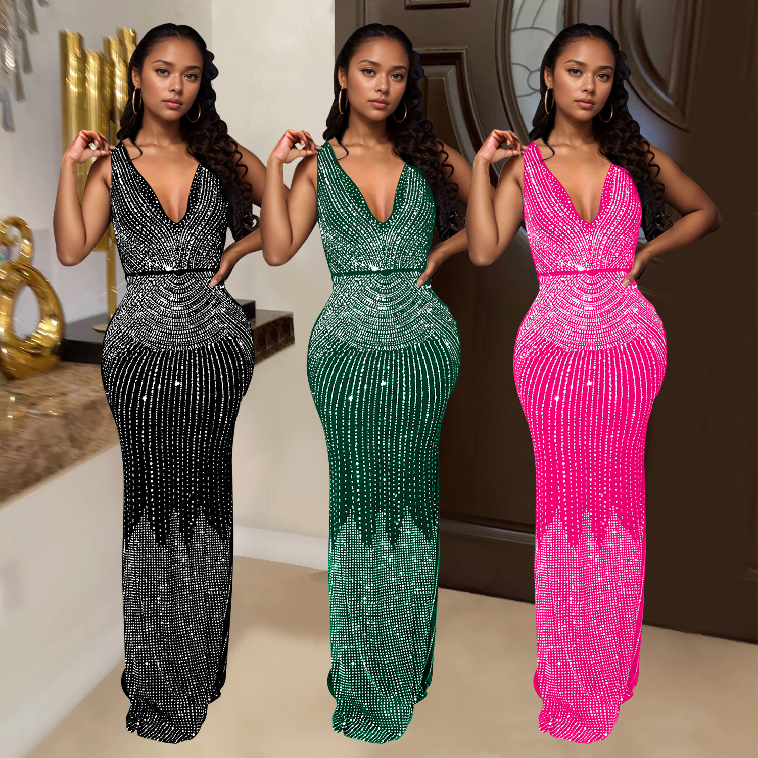 C7072 Aliexpress transfronterizo Amazon estación independiente de moda europea y americana ropa de mujer de diamante caliente sin mangas vestido de manga larga nuevo