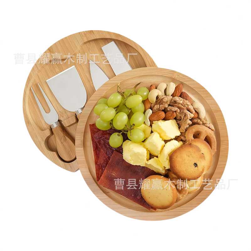 Bamboo Round Cheese Board Cheese Board Set with Sliding Drawer Pizza Board Snack Fruit Cutting Board Chopping Board