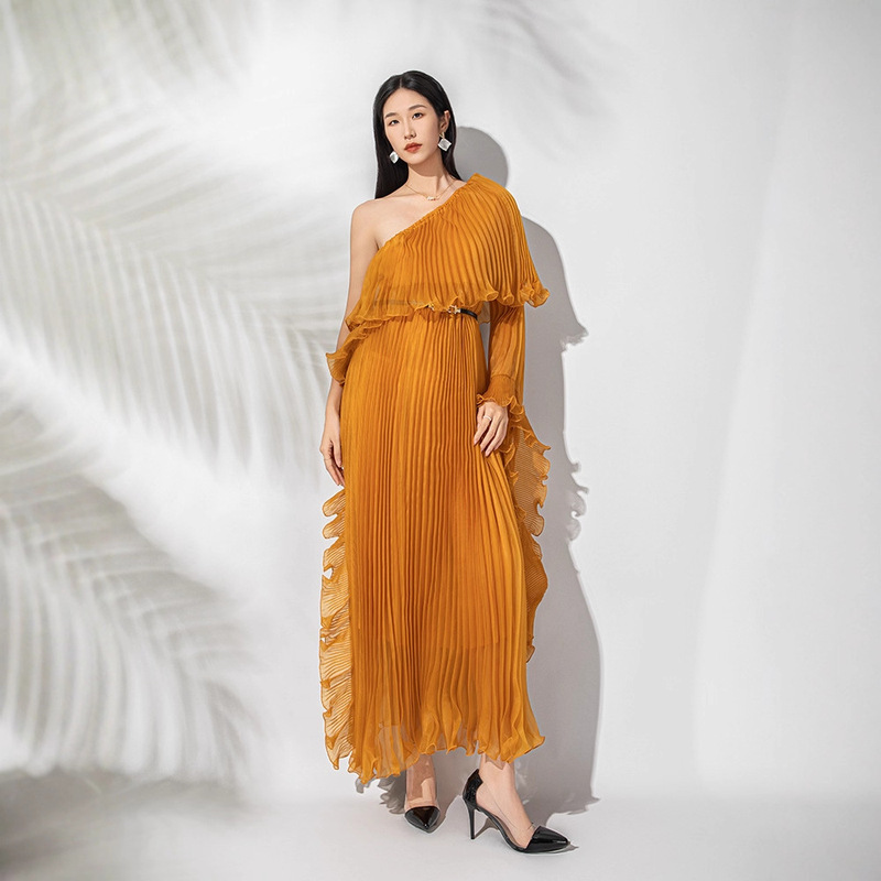 Cross-Border Fashion Pleated Temperament Sexy Solid Color Organza Off-Shoulder Bell Sleeve Dress for Women Pleated Niche Style