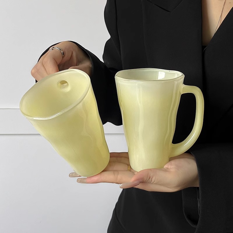 Ins風玉黄波紋取っ手付きグラス女性高颜値家庭用個性コーヒーカップジュースカップ|undefined