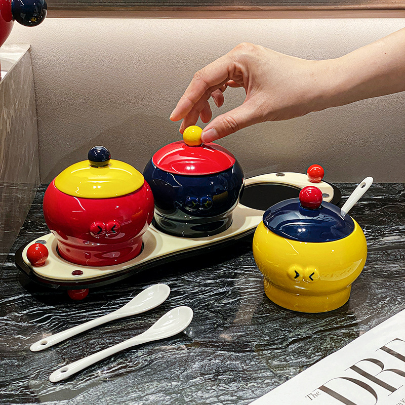 Conjunto de frasco de cerámica original de Shang 'en, frasco de sal de cocina con cuchara, frasco de condimento de cocina, caja de condimento de MSG doméstica