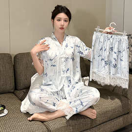 2024夏季新款冰雪丝睡衣女甜美休闲短袖短裤长裤三件套家居服套装