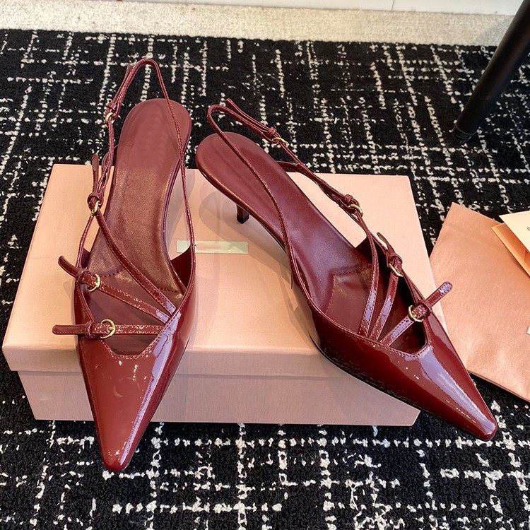 miu*の同スタイルブラックトゥトゥスティレットヒール多用途サンダル、女性用パテントレザーリボンバックストラップ付きスモールスクエアトゥハイヒール|undefined