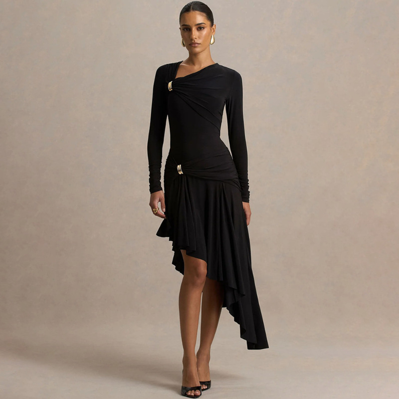 2026 primavera nueva moda delgada sexy pliegue irregular vestido de cadera comercio exterior al por mayor