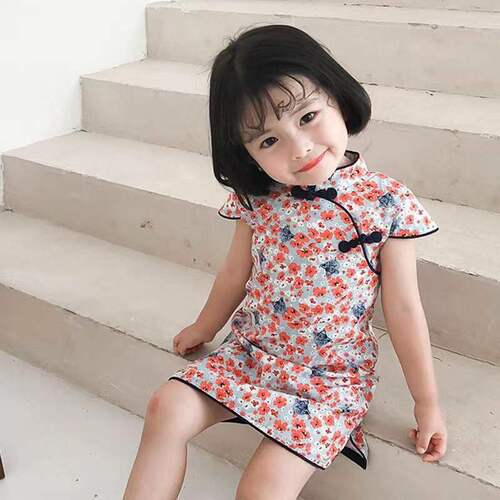 Girls' cheongsam children's cheongsam summer little girl's cheongsam dress Chinese style retro dress baby girl princess dress