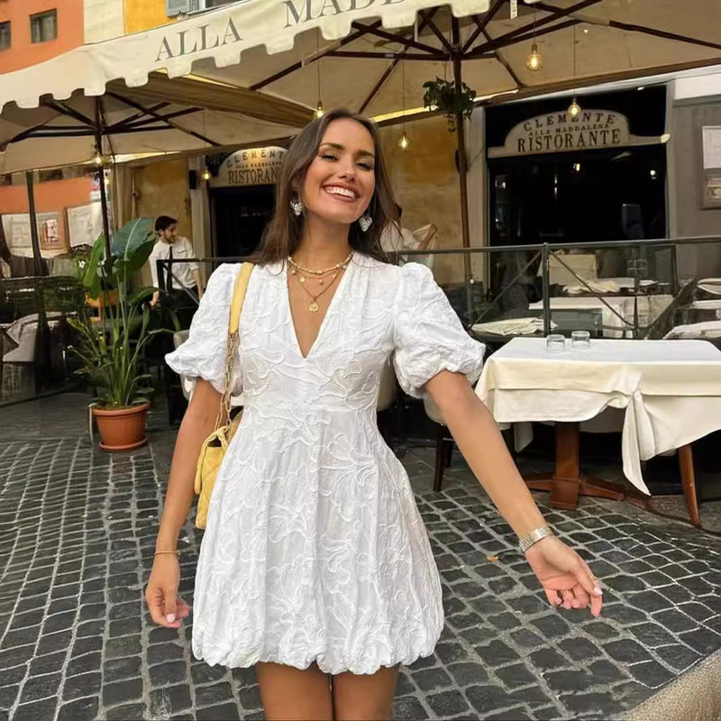 Foreign trade women's cross-border 2024 ZA series fashion embroidery v collar bubble sleeve fluffy dress summer 2731076 Foreign trade women's cross-border 2024 ZA series fashion embroidery v collar bubble sleeve fluffy dress summer 2731076