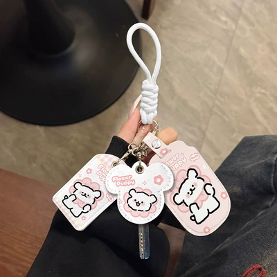 Universal Electric Vehicle Remote Control Electric vehicle key cover shell - three-card-holder-white-lanyard-floral-line-dog