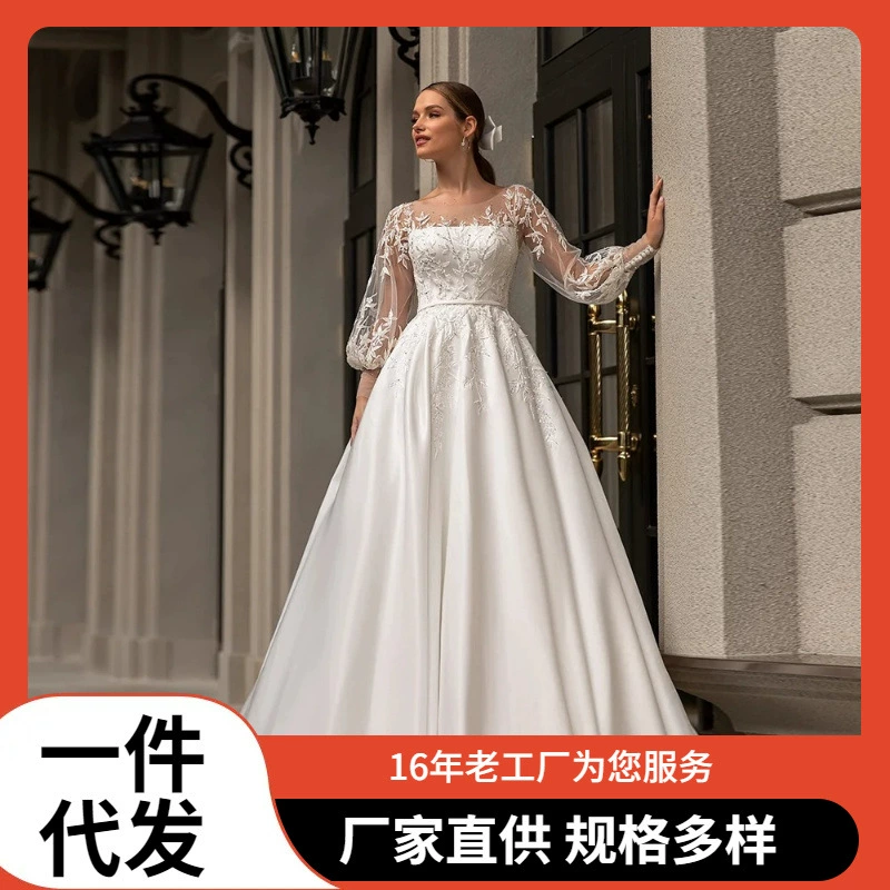 2025 новое свадебное платье с длинными рукавами, кружевной аппликацией, длинной юбкой А-силуэта и шлейфом, женская одежда для торжественных мероприятий