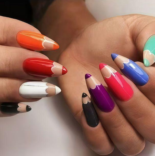 New foreign trade model, 24-piece best-selling nail art, simple cartoon colorful pencil design, long almond-shaped press-on nails, wholesale