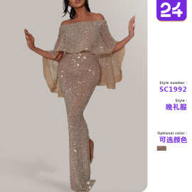 2026欧美外贸新款大荷叶边裹胸一字肩连衣裙亚马逊包臀开叉晚礼服