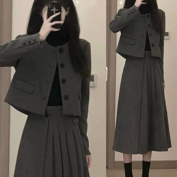 原版质量毛呢套装裙新款气质小个子短款外套女半身裙两件套|undefined