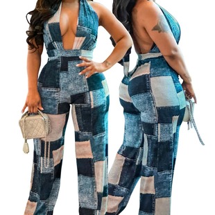 D3258 cross-border women's clothing European and American autumn and winter Amazon Denim color matching halter fashion loose plus size jumpsuit