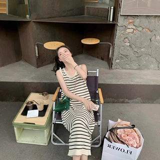 复古慵懒风条纹无袖针织连衣裙女春夏季宽松显瘦百搭中长款背心裙