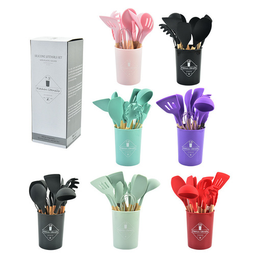 Wholesale Colorful Silicone Handle Twelve-Piece Silicone Kitchen Spatula Set, Food-Grade High-Temperature Resistant Cookware Set
