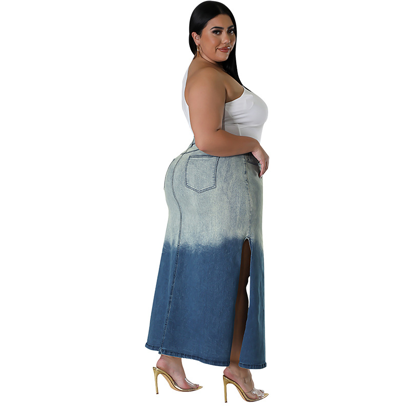 Plus size denim rok voor dames met split en gradient casual stijl_voghion.com