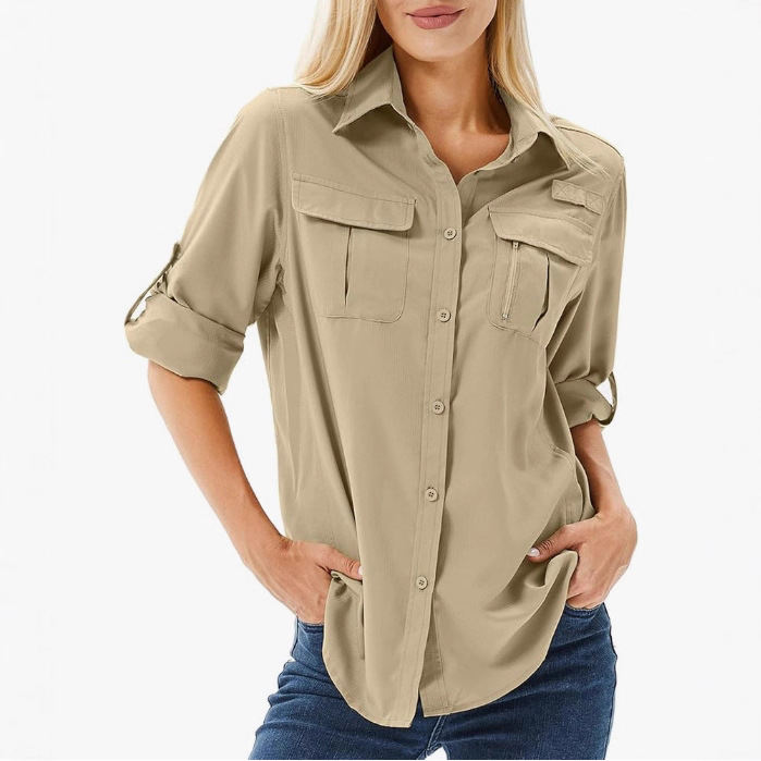 Women's Quick Drying Breathable Stretch Shirt UV Protective Thin Top With Multiple Pockets Casual Style For Outdoor Spring/Autumn Summer_voghion.com