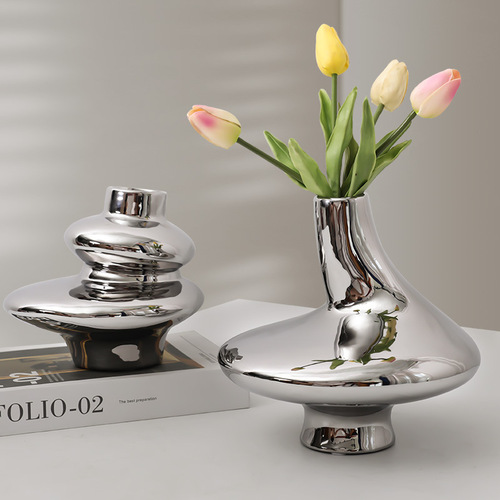 Nordic light luxury electroplated silver special-shaped creative ceramic vase living room restaurant model room bookcase TV cabinet ornaments