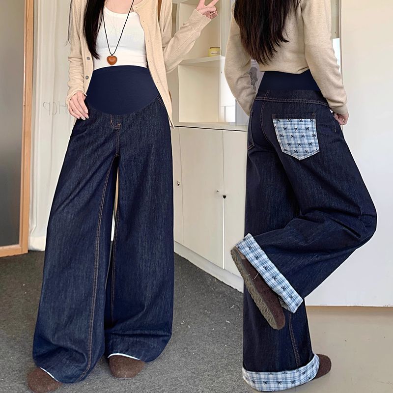 孕妇宽松休闲牛仔裤春秋季外穿新款宽松阔腿裤蝴蝶结卷边直筒长裤|undefined
