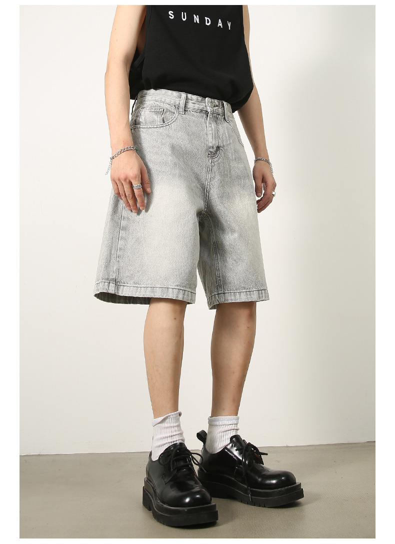 Men's Summer Retro Distressed Blue Denim Shorts Loose Straight Versatile Hot Pants Trendy American Style_mkmklike.com