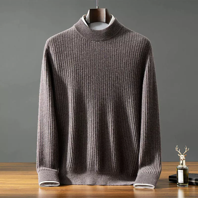 高品质男士半高领加厚100纯山羊绒衫冬季宽松保暖针织毛衣打底