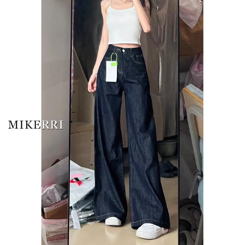 dark blue Version A Large Wide Leg Jeans Women's Spring New High Waist Loose Meat Covering Slimming Straight Leg Trousers