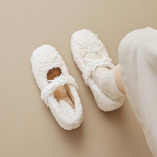 Weiwei Girl 815-1 Lamb Wool Shoes Women's Winter White Bow Height fleece-lined Flat Mary Jane Shoes