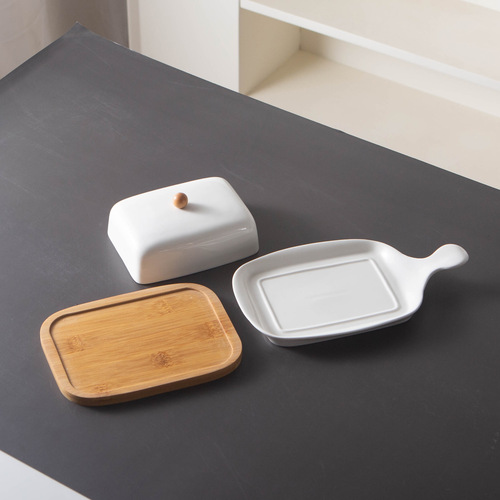 Pre-sale cross-border Amazon ceramic butter dish with bamboo wooden tray meal bag butter box simple pure rectangular butter