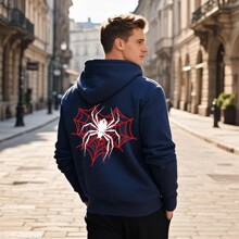 男士哥特风蜘蛛网与蜘蛛图案印花卫衣 - 黑色搭配红白蜘蛛设计，