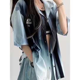 渐变扎染衬衣短袖女2025夏季新款街头个性时髦垂感大码女衬衣外套