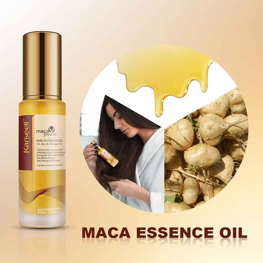 Karseell maca hidrata el cabello seco y encrespado, cuida y suaviza las puntas del cabello, aceite esencial para el cuidado del cabello con aceite de argán.