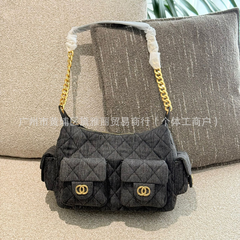 2025新款牛仔复古嬉皮士包包菱格多口袋链条腋下包单肩斜挎包包|undefined