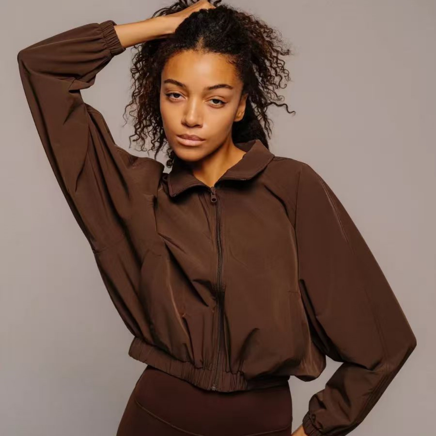 Cross-Border European and American Style Loose Zipper Sports Jacket for Women, Short Fitness Long-Sleeve Slimming Running Sports Top