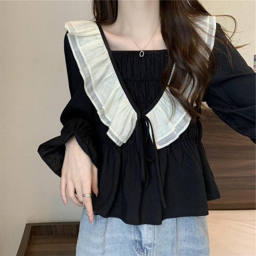 2025 Plus Size Women's French Pleat Long-Sleeve Shirt Autumn New Fat Hiding Stomach Slimming Top Women's Upper Garment