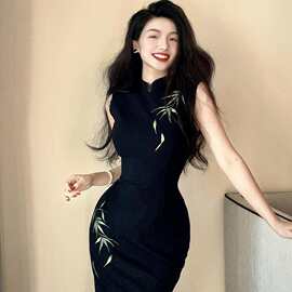 原创自制新中式刺绣港工改良修身旗袍弹力西装女连衣裙 港工玉竹