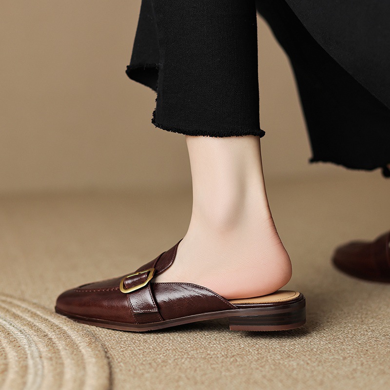Dép mule nữ da bò bít mũi đế bệt phong cách mới mùa xuân hè — Màu nâu đậm chi tiết 20