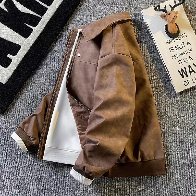 thumbnail for Winter Stylish Leather Jacket for Men, Retro Versatile Fashion Long-Sleeve Baseball Jacket, Spring and Autumn Stylish Casual Trendy Coat