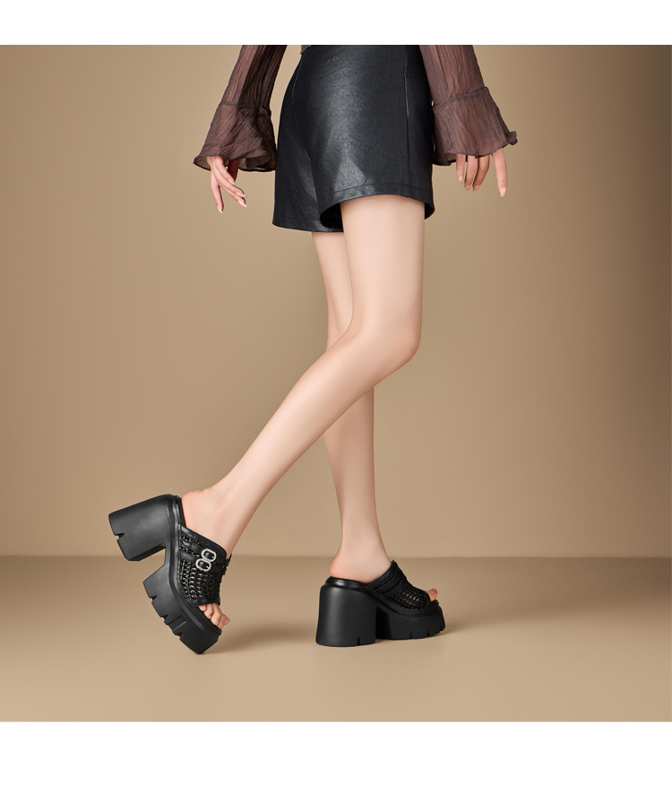 Dép sandal nữ gót vuông đế dày 12 cm phong cách thời trang hở mũi — màu đen chi tiết 5