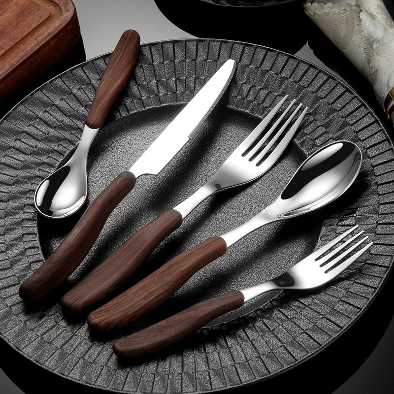 Wood Grain Handle 304 Stainless Steel Western-Style Knife, Fork, and Spoon High-End Spoon Fork American Retro Tableware Wholesale