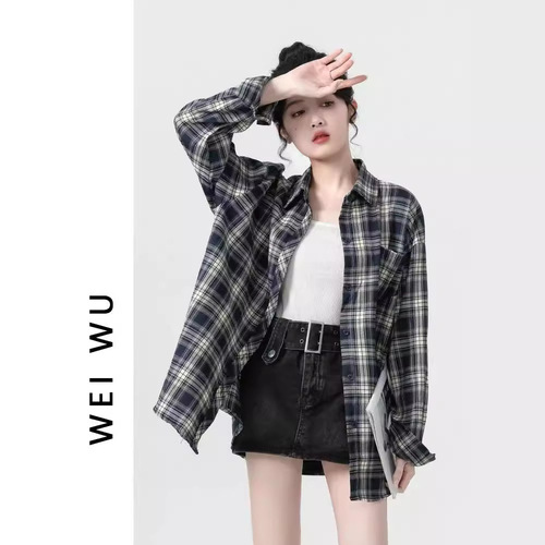 Languid Vintage Plaid Blouse for Women Autumn Korean Style Loose Long Sleeve Top Cardigan Outerwear