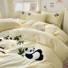 可爱熊猫毛巾绣床上四件套全棉纯棉被套学生宿舍床单三件套床笠款