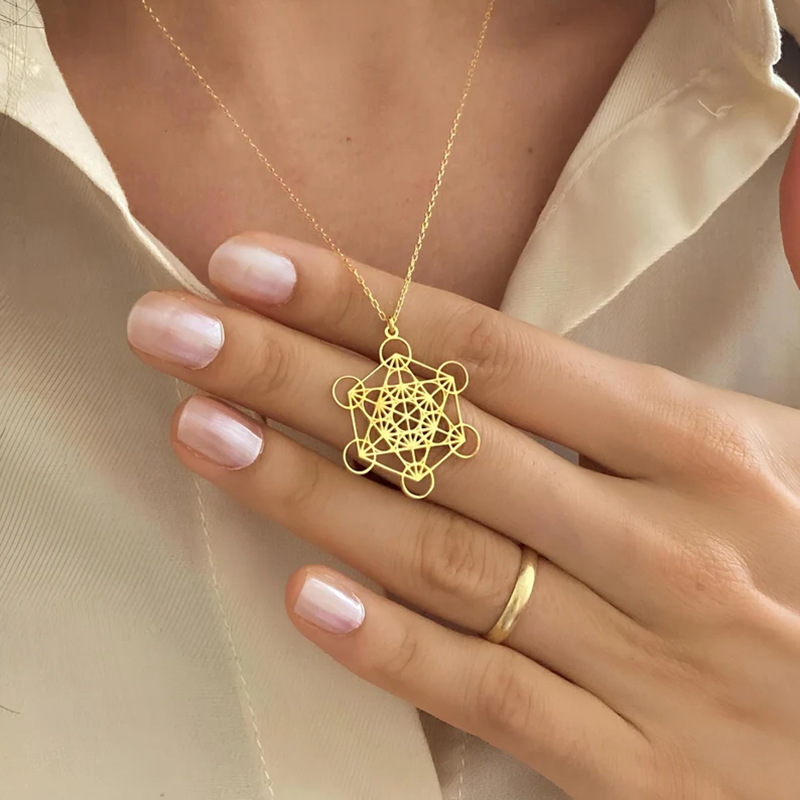 Stainless Steel Circle Hollow Mysterious Hexagon Geometry Yoga Pendant Necklace Metatron Stainless Steel Necklace