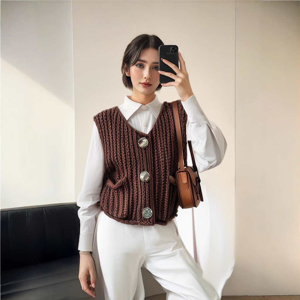Venta rápida explosión de otoño y invierno 2024 nueva ropa de mujer bolsillo de estilo europeo y americano sin mangas chaleco de punto corto cardigans chaleco