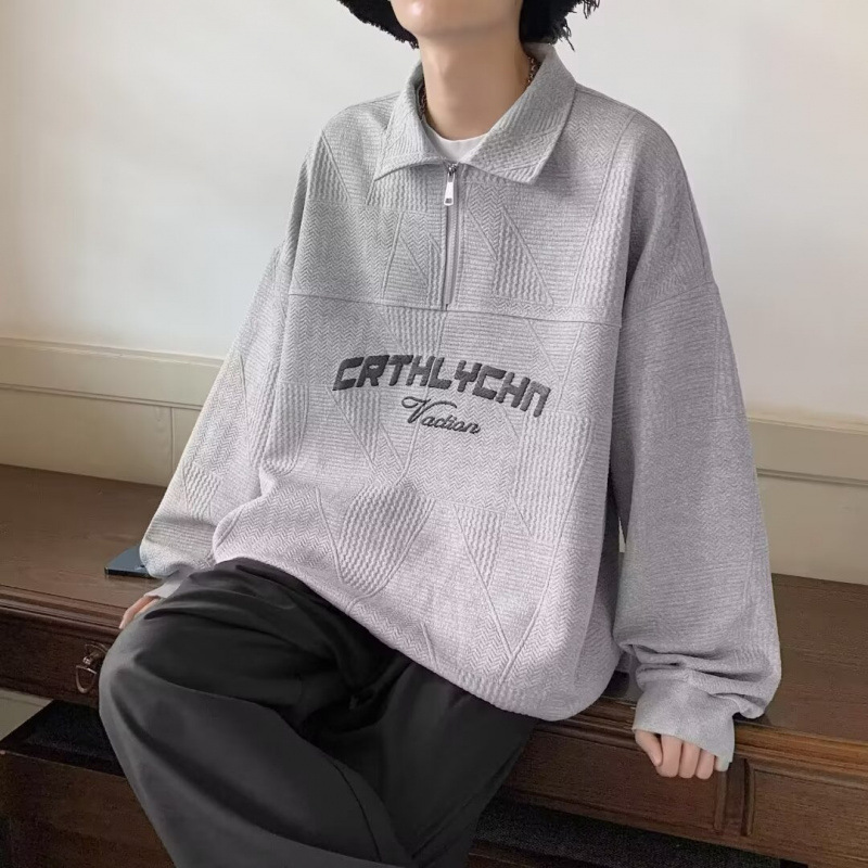 Autumn Men's Japanese Retro Polo Zipper Design Lapel Men's Fashion Trendy Personalized Letter Print Wholesale