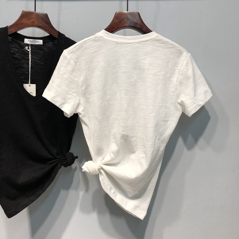 Women's Bamboo Cotton V Neck Short Sleeve T-Shirt Unique Design Slimming Summer Thin Versatile Top_ecoleips.com