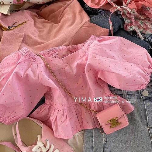 童星圆韩版童装女童春夏季时尚洋气粉色泡泡袖衬衫儿童短袖上衣潮
