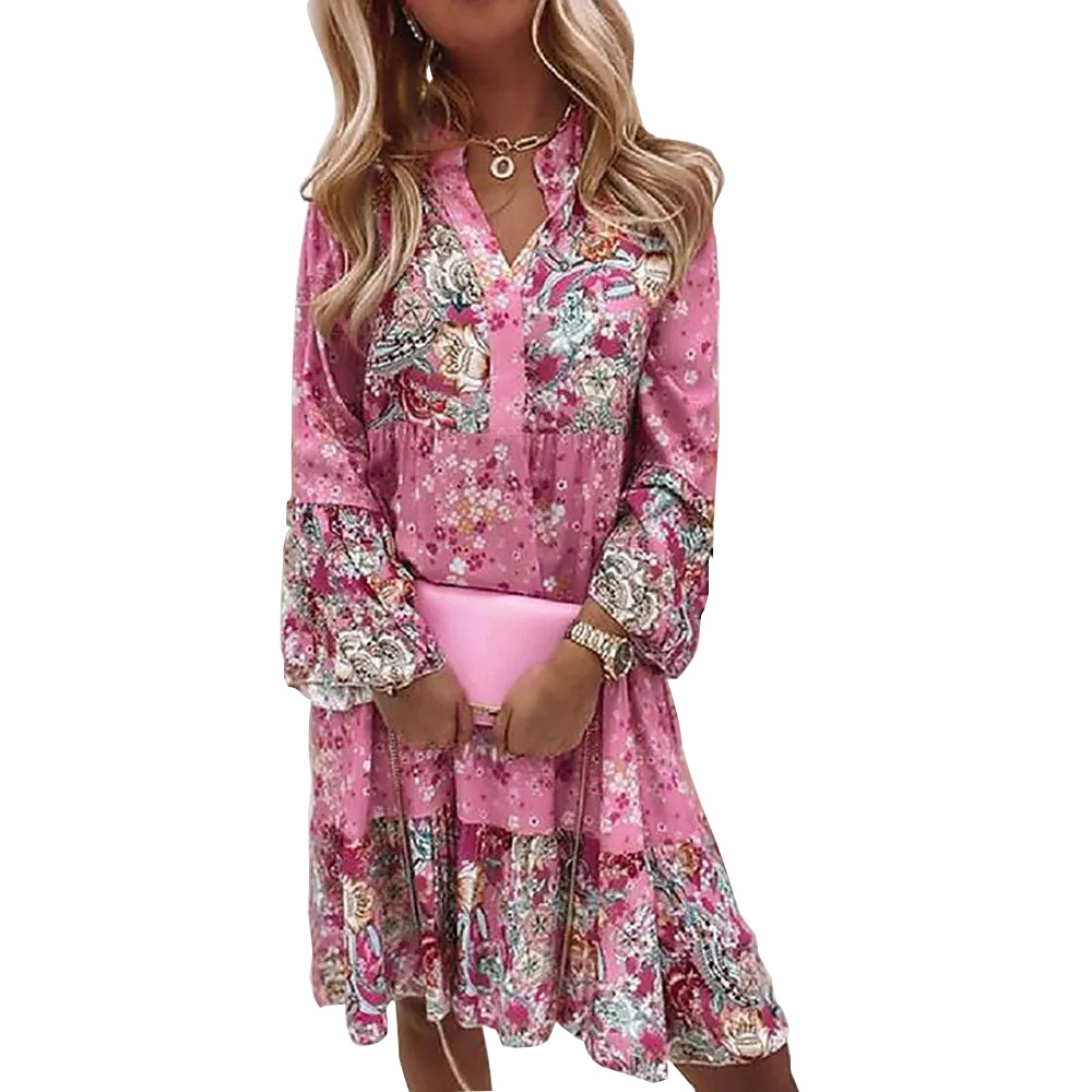 High Waist Waist Line Street Occasion V Neck Neckline Wholesale Women'S Pastoral Printing Flower Street V Neck Nine Points Sleeve Regular Dress