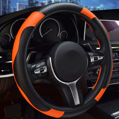 Inner Ring, Carbon Fiber Pattern Leather, Steering wheel cover - orange-38cm